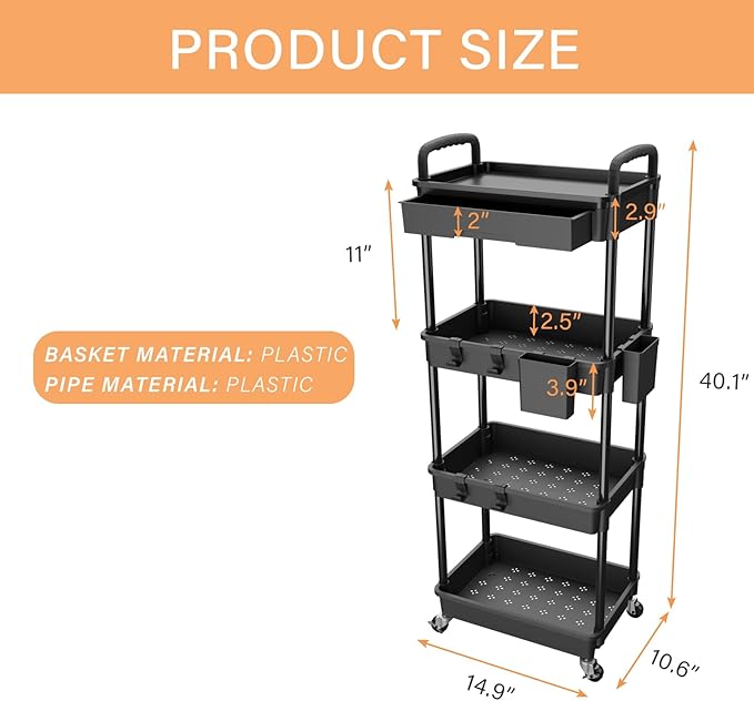 4 Tier Rolling Utility Cart with Drawer,REBECAT Utility Cart Made of Multifunctional Storage Organizer Tool for Kitchen,Bathroom,Living Room,Office(Black)-NeatNest