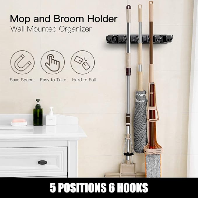IMILLET 2 Pack Mop and Broom Holder, Wall Mounted Organizer Mop and Broom Storage Tool Rack with 5 Ball Slots and 6 Hooks (Black)-NeatNest