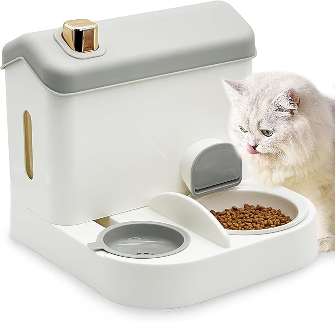 Fhiny Gravity Cat Feeder and Water Dispenser, 2 in 1 Gravity Feeder Cat Dry Food & Waterer Removable Ceramic Bowl Pet Food Storage Self Feeding Station for Indoor Cat Kitten Puppy Easy Clean (Grey)-NeatNest
