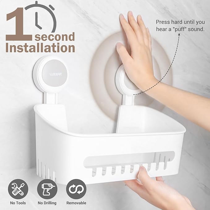LUXEAR 4 Pack Shower Caddy Set - Suction Cup Shower Shelf+Soap Dish+Hooks - 1 Sec Installation NO-Drill Removable Powerful Waterproof Organizer