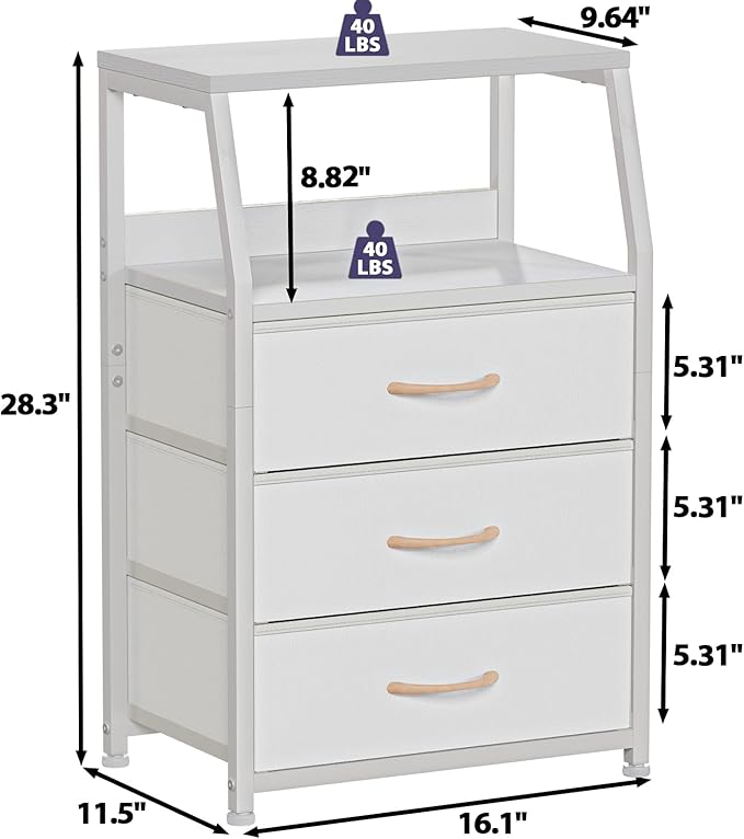 Furnulem White Nightstand with 3 Drawers and 2-Tier Shelf, Small Night Stand End Table Side Furniture, Fabric Storage Organizer for Bedroom, Closet, Hallway, Nursery, Sturdy Steel Frame, Wood Top-NeatNest