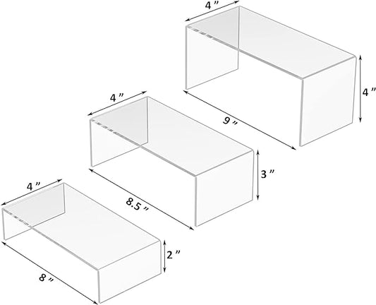 Clear Riser Shelf 3pcs, Desktop Rectangular Acrylic Display Shelves Organizer, Acrylic Stands for Funko Pop Figure, Perfumes, Bags, Shoes, Glasses, Plants, Toys, Collectibles - 8''x8.5''x9''-NeatNest