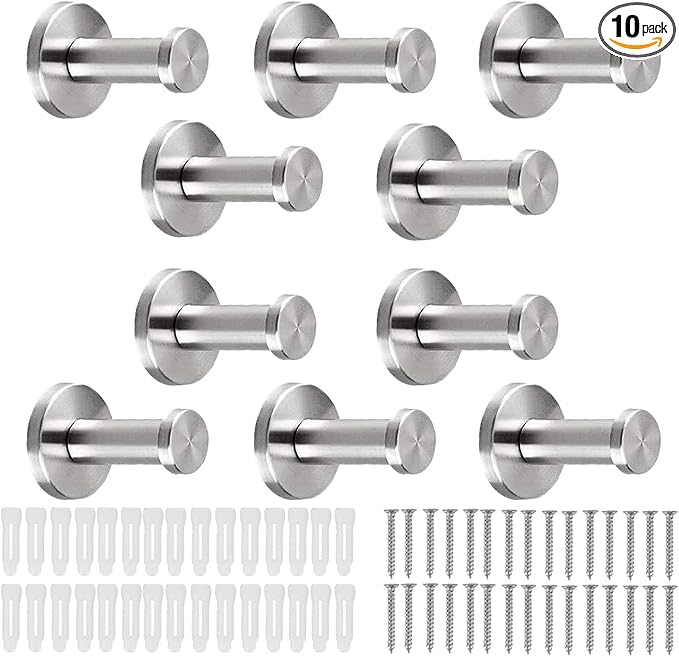 Bathroom Towel Hooks, 10 Pack Round Coat Hooks, Sturdy Wall Mounted Robe Hook, SUS 304 Stainless Steel Heavy Duty Clothes Hanger, Wall Towel Hooks for Bathroom Bedroom Kitchen(2 in, Brushed)