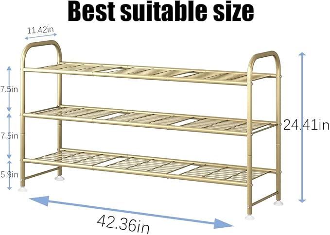 LINZINAR Shoe Rack Long 3 Tier Shoe Storage Organizer Metal Wide Shoe Shelf for Closet Entryway Bedroom 24 Paris Large Capacity, Gold-NeatNest