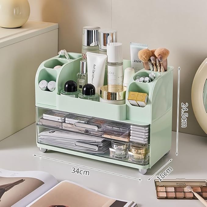 Makeup Organizer with 2 Drawers, Cosmetic Display Case, Storage Holder for Vanity, Bathroom Counter, Desk, Beauty Supplies (Green)