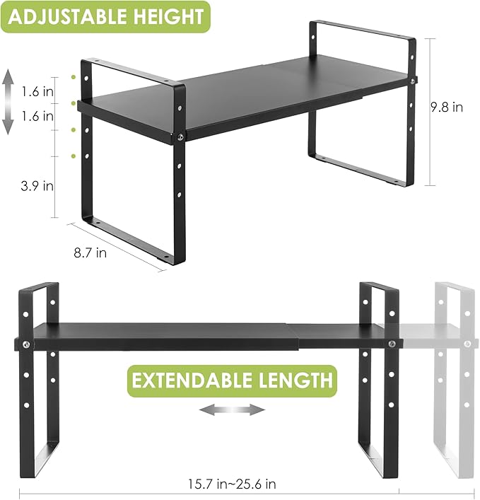 Expandable Cabinet Shelf Organizer Rack, Stackable Kitchen Counter Storage Shelves Stand, Adjustable Height Pantry Shelf Spice Rack (Black, 1 Pack)-NeatNest