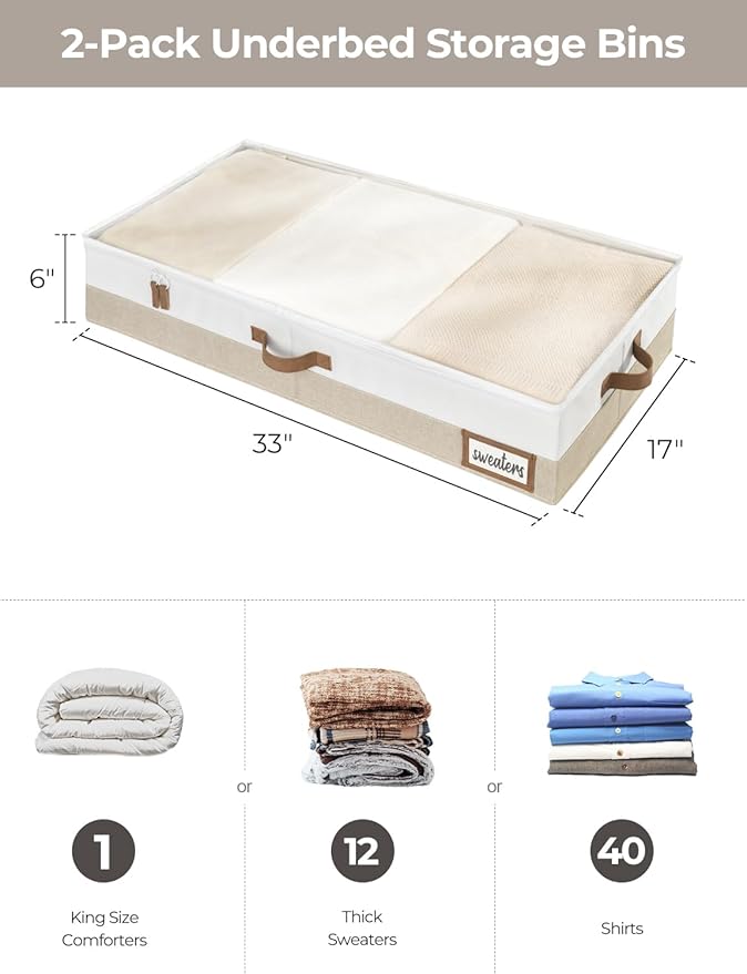 StorageWorks Large Under Bed Storage Containers with Handles and Label Holder, 2 Pack Ultra-thick Fabric Underbed Bins, Closet Organizer for Clothes, Blankets, Sweater-NeatNest
