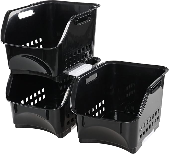 3 tier Kitchen Stacking Open Storage Bins, Plastic Stackable Storage Baskets