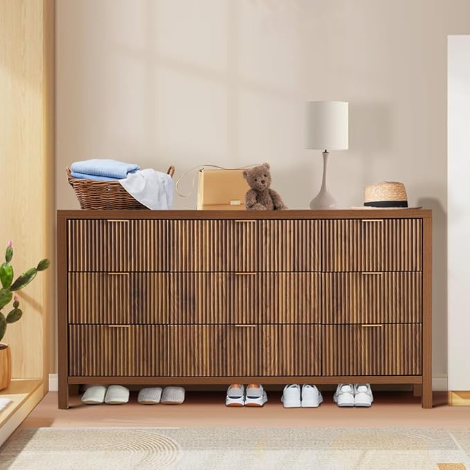 9 Drawer Dresser Cabinet, Long Nightstand with Drawers and Storage Cabinet, Farmhouse Solid Wood Dresser TV Stand, Mid Century Modern Nightstand with 9 Drawer Side Table for Bedroom Closet (Walnut)