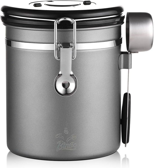 Bincoo Premium Grey Coffee Canister, 1500ml/18oz Large Airtight Stainless Steel Coffee Bean Storage Container with Date Tracker & Scoop (1500ML-Grey)-NeatNest