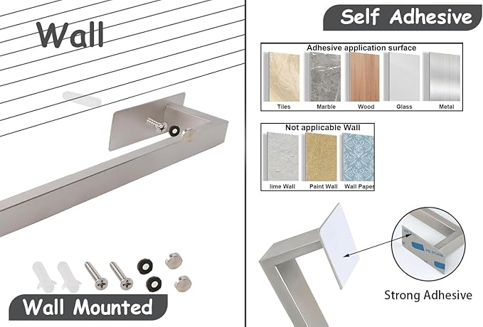 Bathroom Towel Bar Self Adhesive, No Drilling Towel Rack Easy to Install,Hand Towel Holder Made of Premium Stainless Steel Sticky on Hand Towel Hanger for Kitchen, Toilet.(12IN, Brushed)-NeatNest