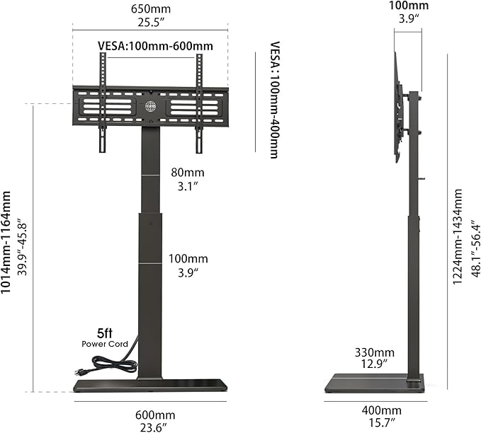 FITUEYES Floor TV Stand for 32-75 inch TV with Power Outlet, Tall TV Stand for Bedroom Living Room with Tempered Glass Base, Floor TV Mount Holds Up to 88lbs MAX VESA 600x400mm,Black-NeatNest