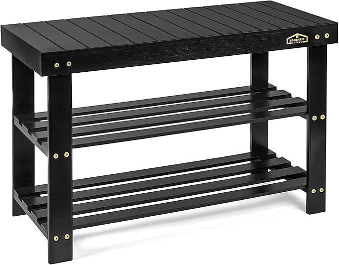 Homemaid Living Bamboo 3 Tier Shoe Rack Bench, Premium Shoe Organizer or Entryway Bench, Perfect for Shoe Cubby, Entry Bench, Bathroom Bench, Entryway Organizer, Hallway or Living Room(Black)-NeatNest