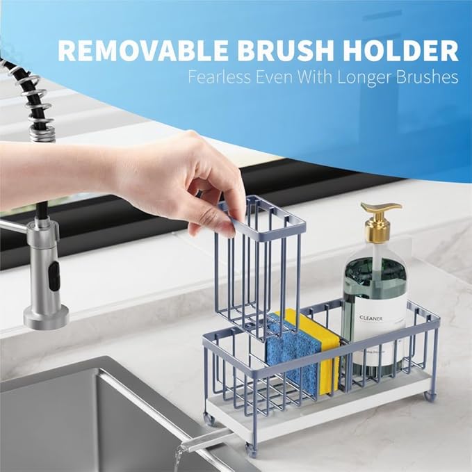 Cisily Blue Gray Sponge Holder for Kitchen Sink, Sink Caddy Organizer with High Brush Holder, Kitchen Countertop Organizers and Storage Essentials, Rustproof 304 Stainless Steel, Soap Dispenser-NeatNest