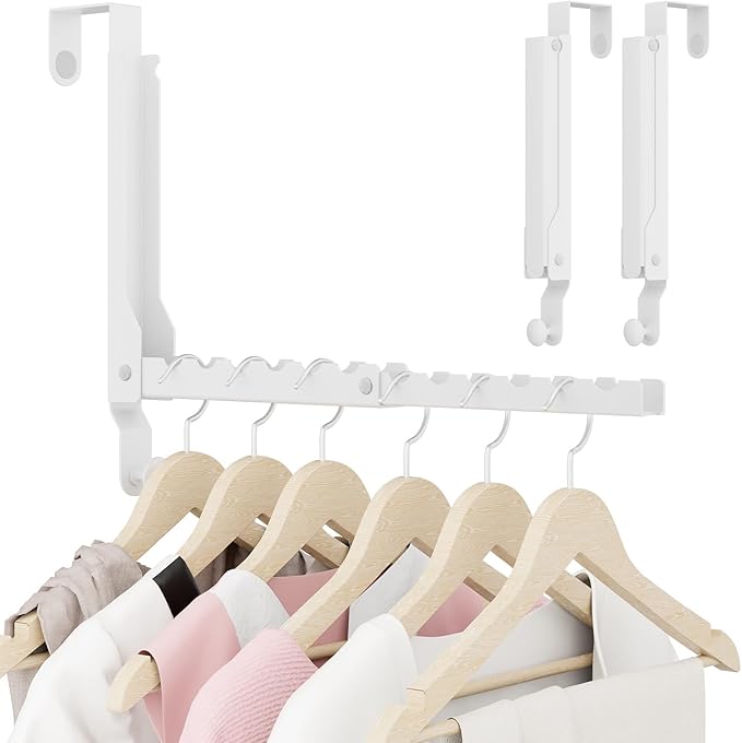 Over The Door Hangers, Over Door Hooks for Hanging, Small Space Dual Folding Portable Extra Long Over Door Clothes Hanger for Clothes, Hats, Bags and Towels (2Pack,White(Update))