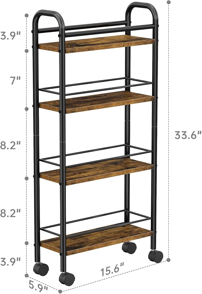 Slim Storage Cart, 4 Tier Rolling Utility Cart on Wheels, Slim Bathroom Storage for Small Spaces in Kitchen, Dining Room, Bathroom, Laundry Room Rustic Brown