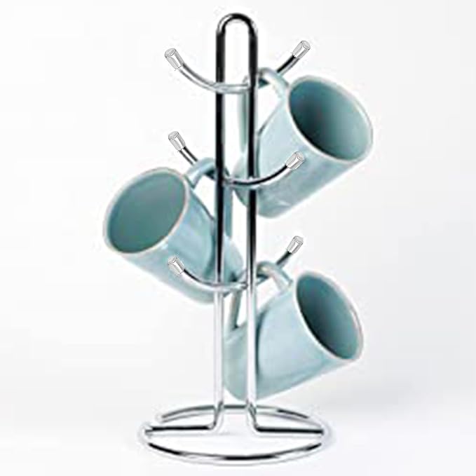 FitWell Mugs Holder, Mug Tree, Coffee Cup Holder, Coffee Mug Tree, Mug Organizer for Cabinet, Mug Holder Stand, Coffee & Tea Cup Storage Rack (Chrome, 6 Mugs (15"H))-NeatNest