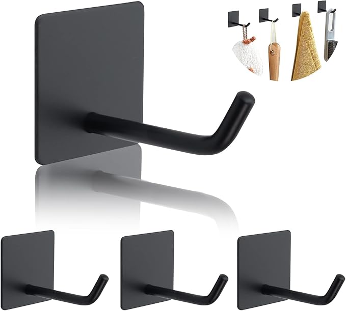 4PCS Adhesive Sticky Wall Hooks Heavy Duty, Long Stainless Steel Towel Hooks for Hanging Kitchen Bathroom Home, Waterproof Hook Wall Hanger Holder for Key Hat Coat Bag (Black)