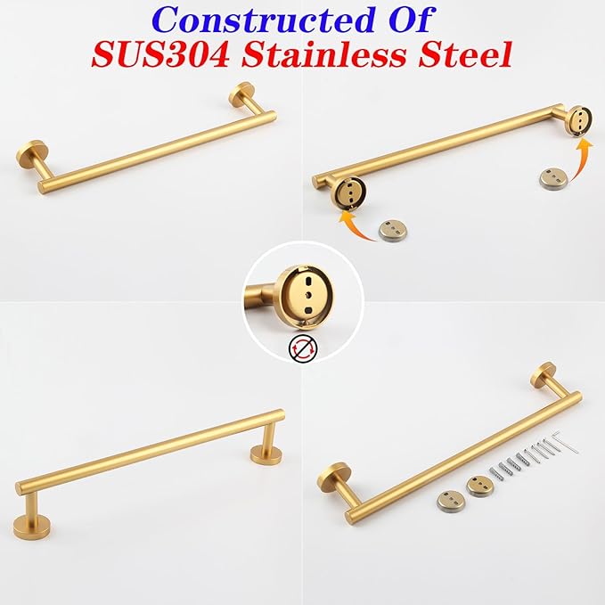 GERZWY 18-Inch Bathroom Towel Bar Gold Stainless Steel Modern Round Style Bath Towel Rack Wall Mount AG1101C45-BE