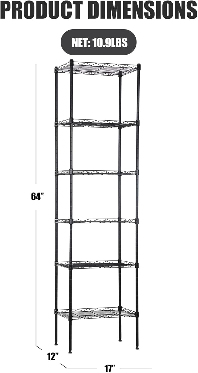 6-Tier Metal Shelving Unit Storage Shelves Metal Shelves 64"x17"x12" Heavy Duty Metal Storage Rack Wire Rack NSF Height Adjustable for Home Kitchen Bathroom Garage Shelving(Black)