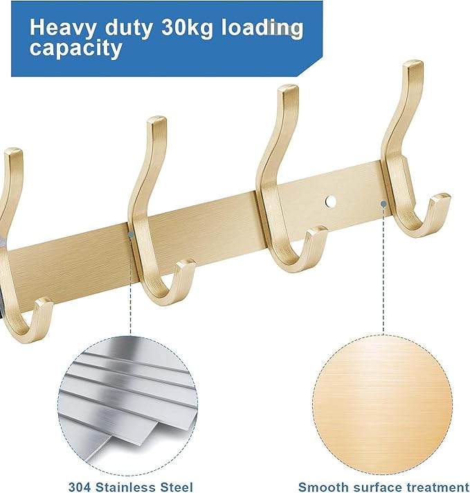 AZW Coat Rack Wall Mount,Heavy Duty Stainless Steel Metal Coat Hooks Hanging for Robes Bags Keys Hat Clothes and Bathroom Door Towels Hanger(Brusshed Brass Gold 6 Hooks)-NeatNest