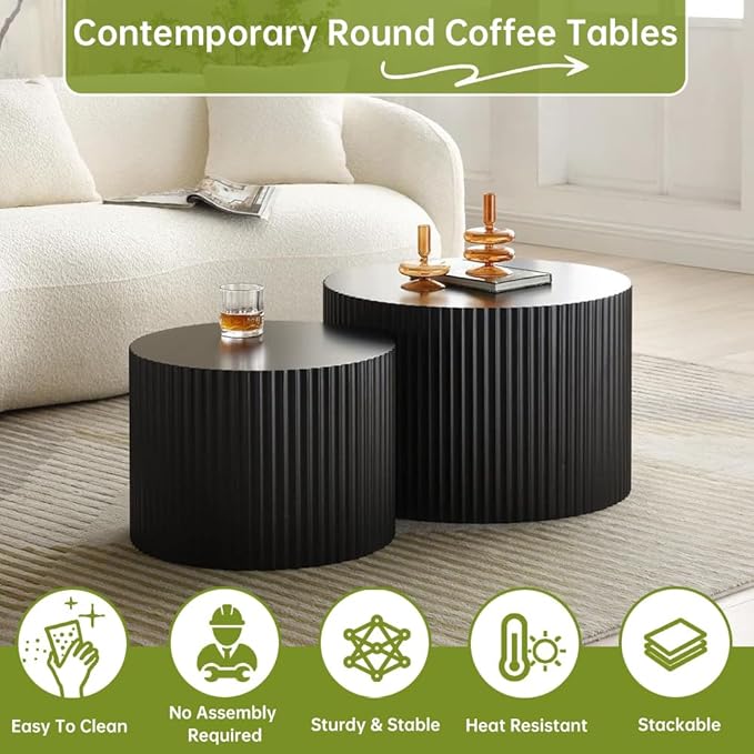 Round Nesting Coffee Table Modern Fluted Coffee Table Set of 2 Stripe Round Coffee Tables Circle Drum Coffee Tables Side Table Accent End Table for Living Room (Black Small)