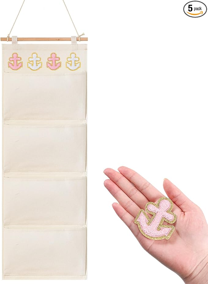Fish Extender Cruise Gift Hanging Organizer with 4 Pockets and 4 Pcs Iron on Anchor Patches Cabin Door Hanger Storage Bag 2025 FE for Exchange Gifts and Pixie Dusting(Beige, Pink, White)-NeatNest