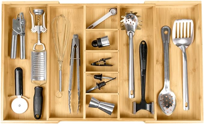 Adjustable Kitchen Drawer Organizer for Utensils and Junk, Food-Safe Contract Grade with 100% Sustainable Wood, Expandable from 16 to 28 Inches Wide - Natural Bamboo