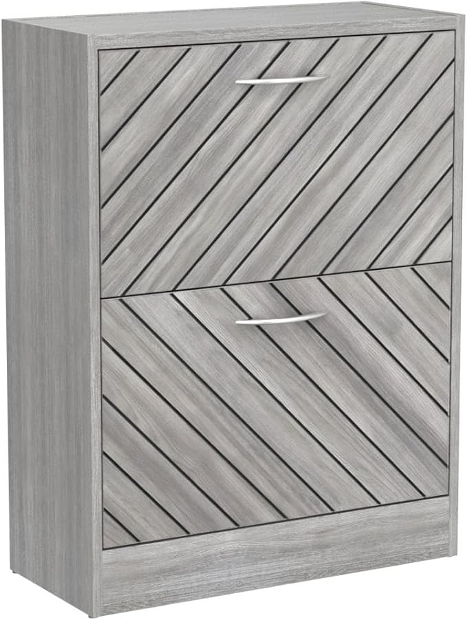 Homsee Modern Shoe Storage Cabinet with 2 Flip Drawers & Twill Louver Doors, Wood 2-Tier Shoe Rack Storage Organizer for Entryway, Hallway & Bedroom, Grey (22.4”L x 9.4”W x 29.5”H)-NeatNest