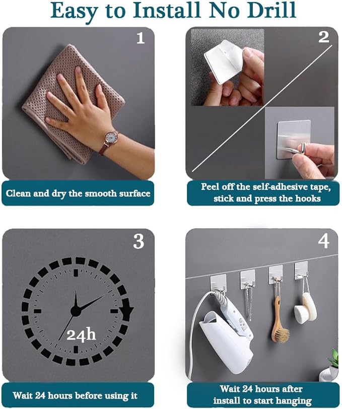 Adhesive Towel Hooks, 8 Pack Self Adhesive Coat Sticky Hooks for Hanging, Stainless Steel Stick on Wall Hat Hook, Bathrooms Kitchen Livingroom Garage, Silver