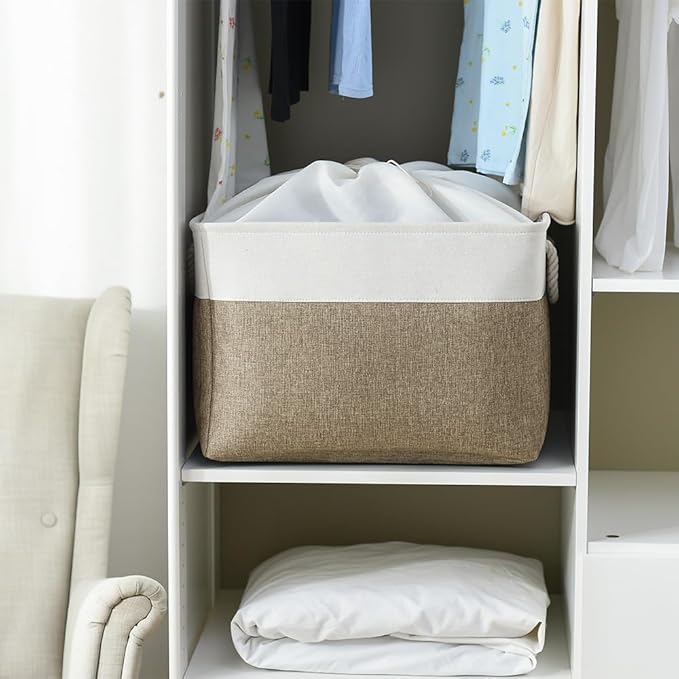 TheWarmHome Organization Basket - 20x16x14 inch Jumbo 3 Pack Collapsible Storage Bins for Shelves, Fabric Storage Cubes for Closet Organizer Gift Toy (White & Khaki)-NeatNest