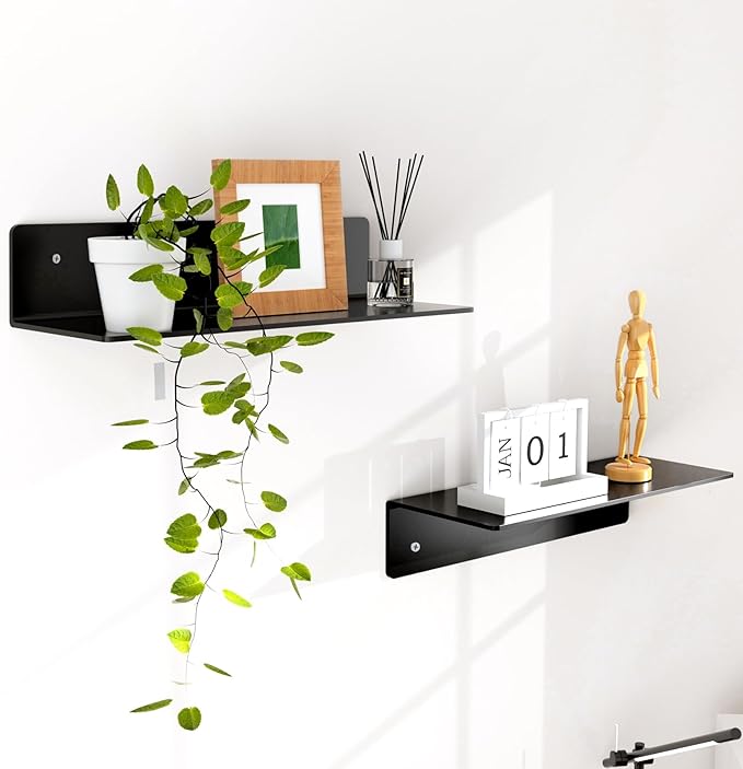 12" Black Acrylic Floating Shelves, 2 Pack with Cable Clips, Small Floating Shelf for Expand Wall Display Space for Living Room, Bathroom, Gaming Room, Dorm Wall Decor-NeatNest