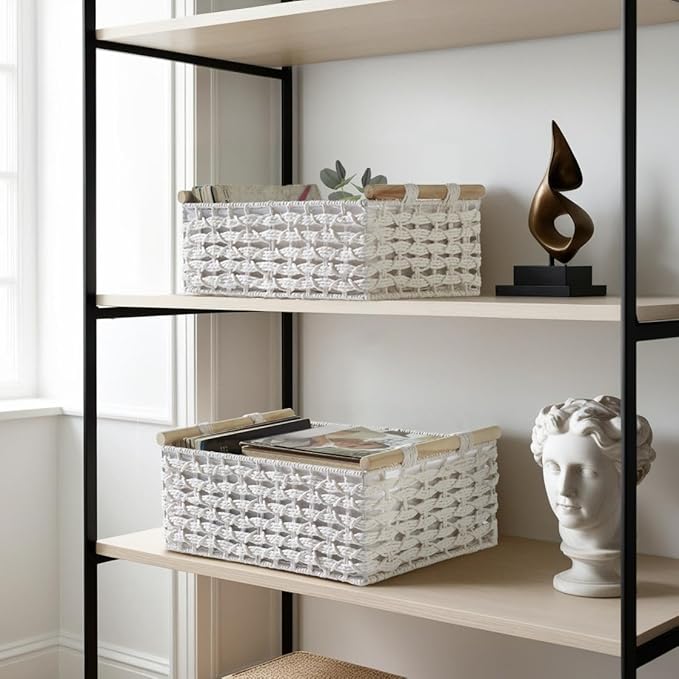 DECOMOMO White Wicker Baskets, Back of Toilet Basket, Bathroom Basket Organizer, Countertop, Home Decor (White, Set of 2)-NeatNest