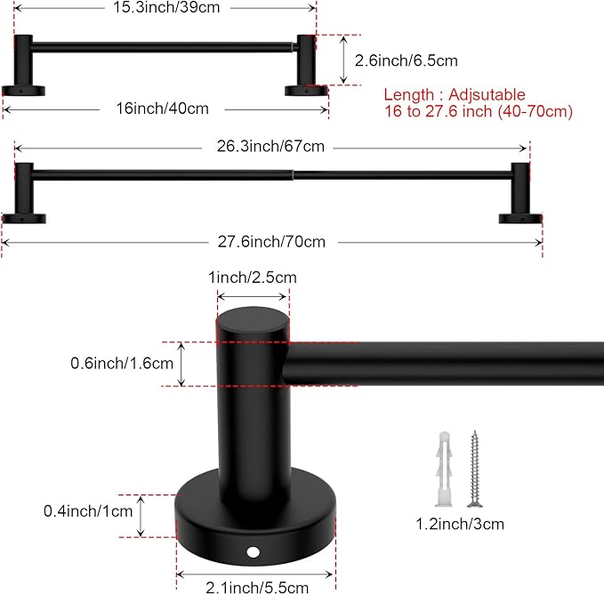 Adjustable Matte Black Bath Towel Bars 16 to 27.6 Inch, iMomwee 304 Stainless Steel Single Towel Rack, Wall Mounted Towel Rail Holder for Bathroom Washroom, Retractable Towel Rod with S Hooks