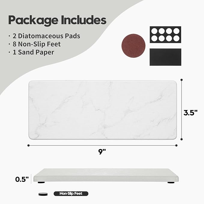 2PCS Diatomite Marble Tray Quick Drying Mat for Kitchen Counter, Water Absorbing Stone Vanity Caddy for Bathroom Sink,Faucet Splash Guard,Soap Dispenser Rack Sponge Holder Organizer, White, 9"x3.5"-NeatNest
