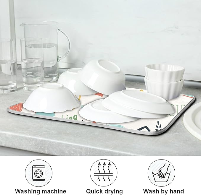 Dish Drying Mats for Kitchen Counter Kitchen Doodle Pattern Microfiber Dish Rack Mat Dry Mats for Dishes Large 24 x 18 Inches