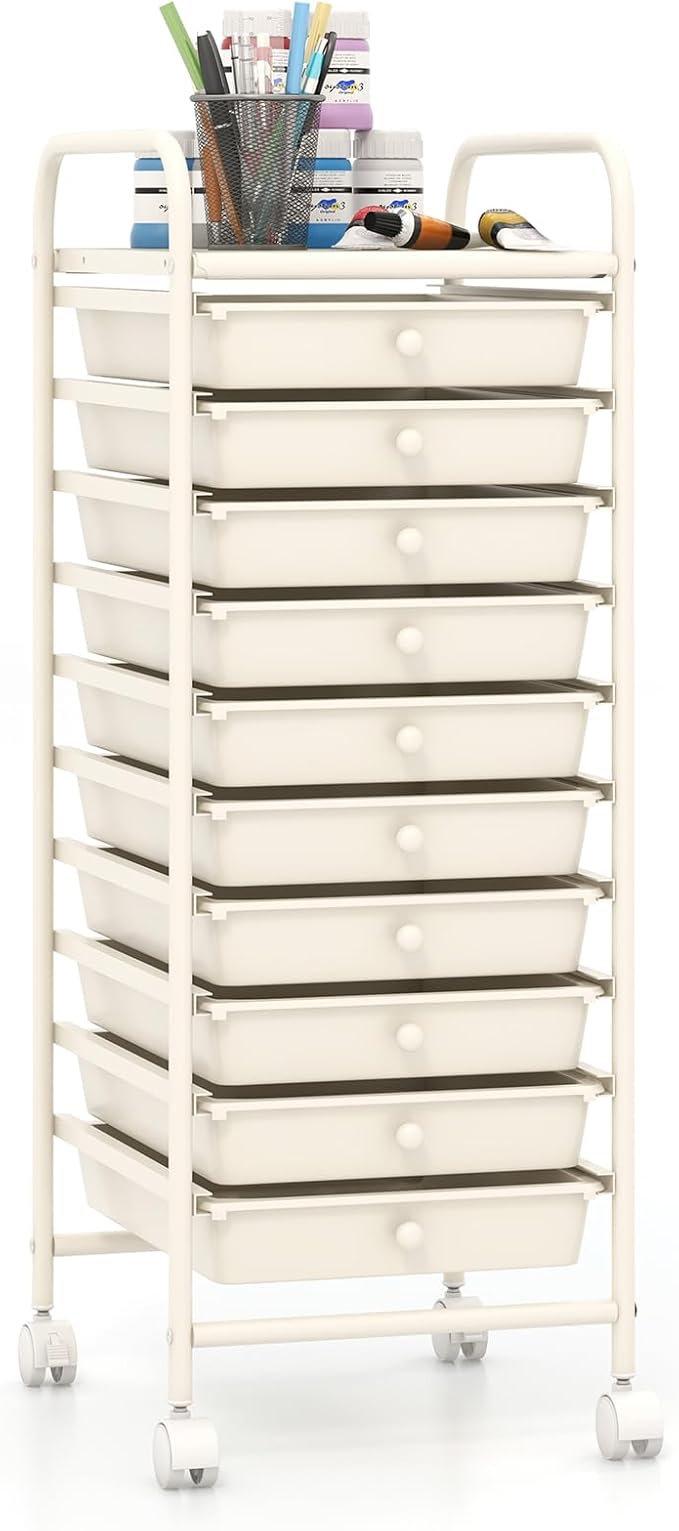 Giantex 10-Drawer Storage Cart w/Universal Wheel, Rolling Cart w/Handle, Home Organizer Storage Unit w/Removable Drawers, Trolley Utility Cart for Kitchen Makeup Living Room Office Play Room, Ivory