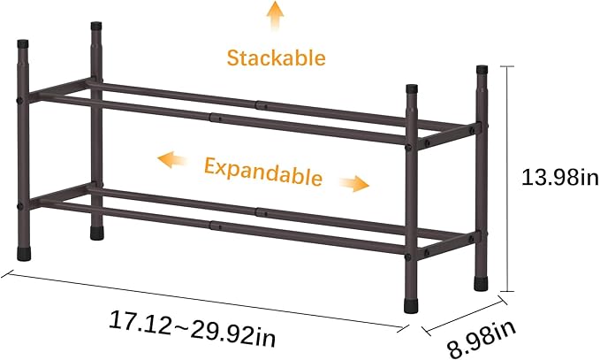 TZAMLI 2-Tier Shoe Rack for Closet, Expandable and Stackable Shoe Organizer Adjustable Metal Shoe Storage Small Shoe Shelf for Entryway Entrance, Brown-NeatNest