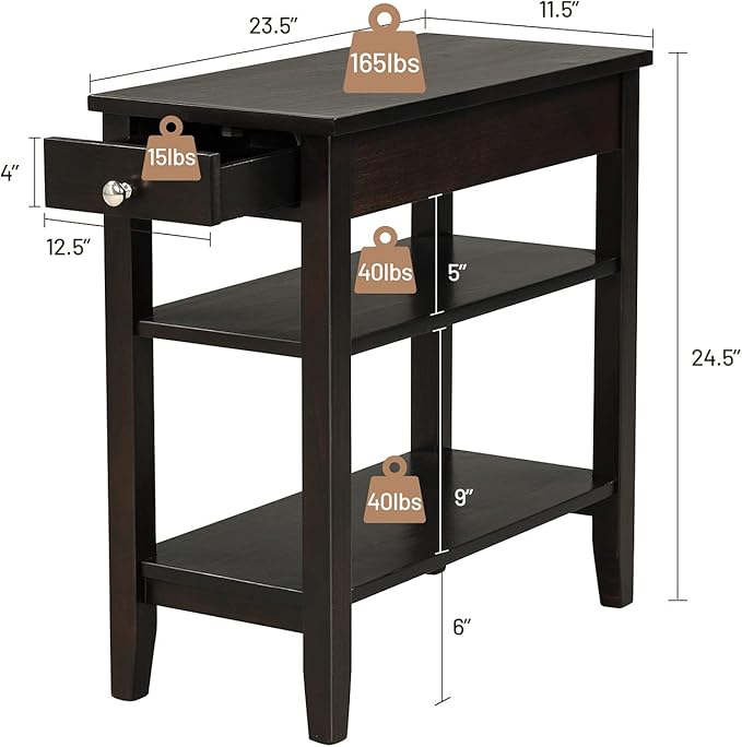 Giantex Set of 2 End Table with Drawer, Narrow Side Table with 2-Tier Open Storage Shelves, Slim Compact Bedside Nightstand for Living Room Bedroom Small Space, Espresso