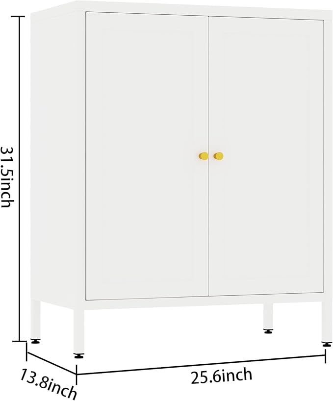 2 Door Metal Accent Cabinet, Small Sideboard, Locker Style Accent Storage Cabinet with Doors and Adjustable Shelves for Home, Office, Living Room, Kitchens (Square Door, White)