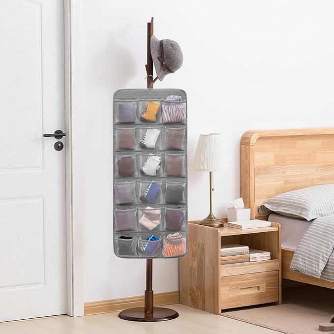 Dual-Sided Hanging Closet Organizer for Socks Underwear Bra Kids Storage Organizer for Baby Clothes Toddler Shoes with 26 Pockets (Grey-Mesh Pockets)-NeatNest