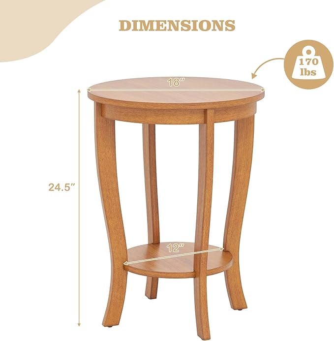 Giantex Round End Table, Retro Nightstand with Storage Shelf & Solid Wood Legs, 24.5" Accent Side Table for Small Spaces, Wood Bedside Night Stand for Living Room Bedroom, Light Brown