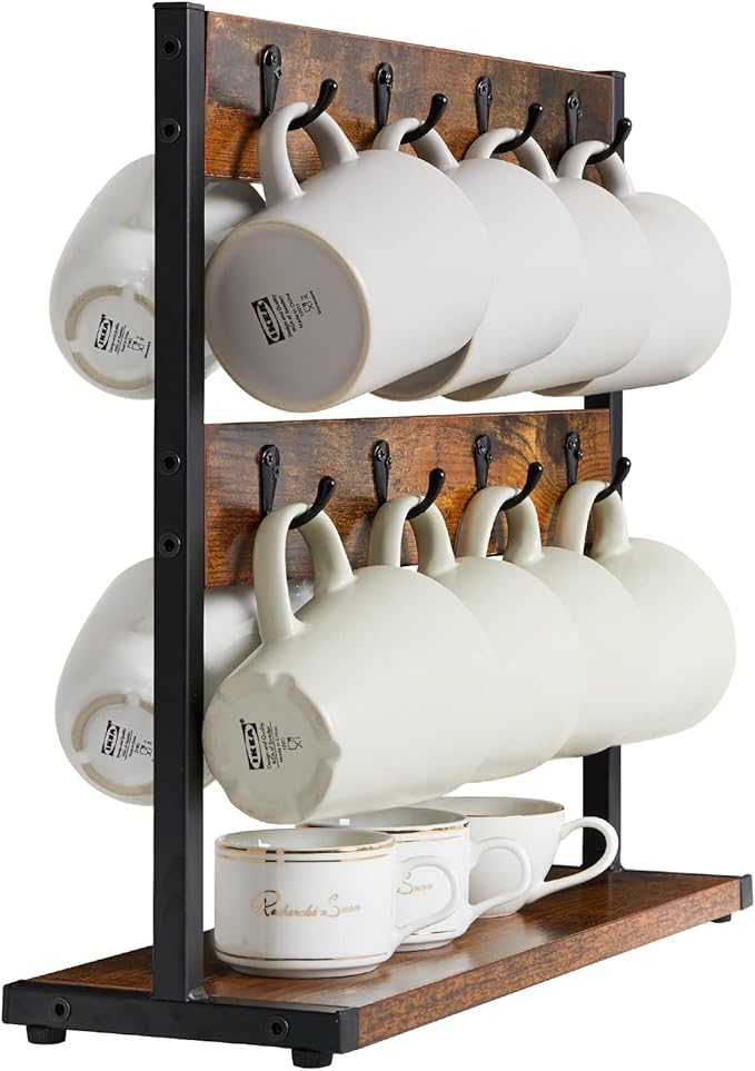 IBUYKE Wood Coffee Mug Holder for Countertop,16 Hook Mug Tree Holder Rack with Storage Base,Mug Display Organizer,Mug Holders for Home Kitchen, Rustic Brown UTBJ001H-NeatNest