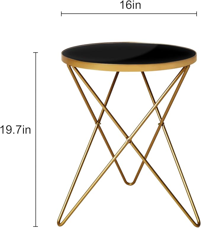 HLR Modern Round Side Table Set of 2, End Table with Marble Effect Top and Gold Metal Frame, Small Side Table for Living Room, Bedroom, Sofa and Couch, Gold Legs, Black Glass top