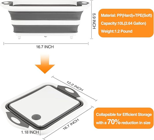 Collapsible BBQ Prep Tub/Cutting Board 10L, Foldable Dish Tub with Colander, Portable Camping Sink, Multifunction Dishing Basin Bucket Wash Tub for Kitchen Fruit Vegetable Picnic (Gray)-NeatNest