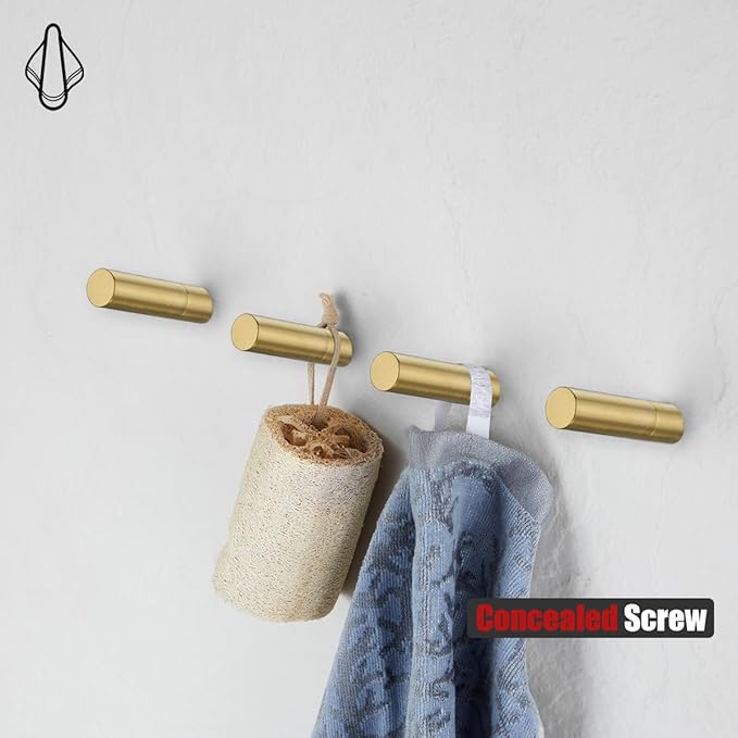 JQK Wall Hooks Gold, 304 Stainless Steel Coat Hooks Wall Mounted for Robe Hat Clothes Hanger Towels, Brushed Gold 4 Pack, RH120-BG-P4