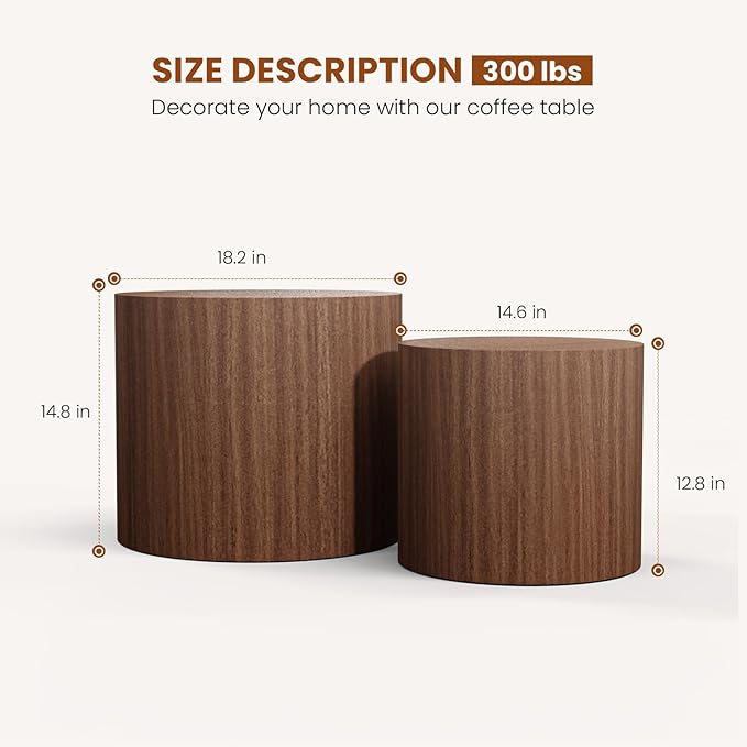 Round Wood Coffee Table Set of 2 Modern Circle Nesting Coffee Table Handcrafted Drum Nesting Table Nesting Coffee Tables for Living Room for Small Space (Dark Wood (D18.2+D14.6 inch))