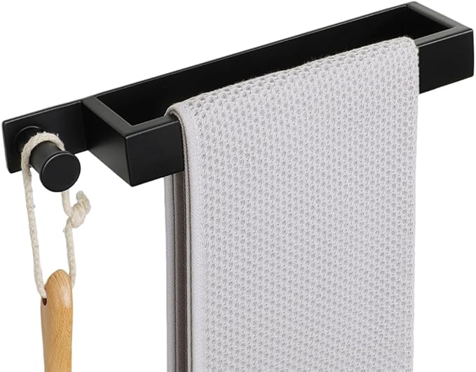 Sayayo Self Adhesive Towel Bar with Hook, 12 Inch Matte Black Towel Rack for Bathroom, Stick on Towel Holder Hand Towel Ring SUS304 Stainless Steel, 2.4 Inch Wide