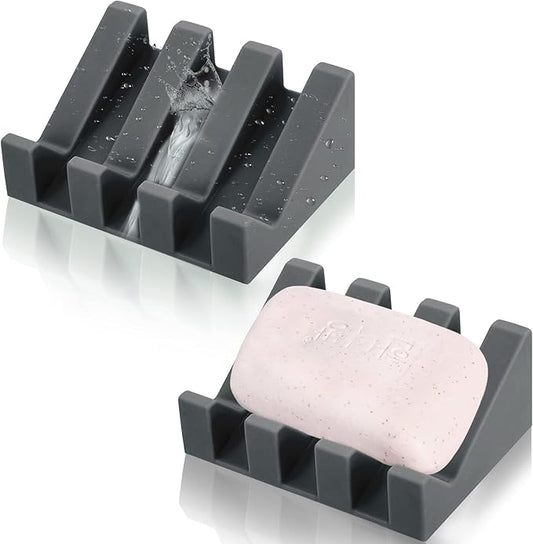Cunhill 2 Pieces Silicone Soap Dish Self Draining Soap Dish Shower Waterfall Bar Soap Holder Tray with Drain Soap Saver for Kitchen Bathroom Accessories (Dark Grey)-NeatNest