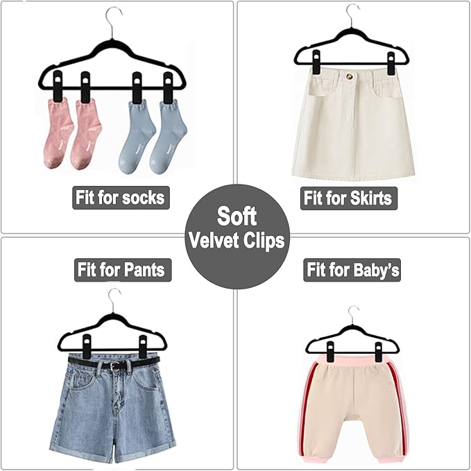 Black Velvet Hangers Clips 40 PCS, Pants Hangers Velvet Clips Easily Add to Velvet Hanger, Skirt Suit Pants Clothes Velvet Hangers, Baby Kids Hangers Clips-NeatNest